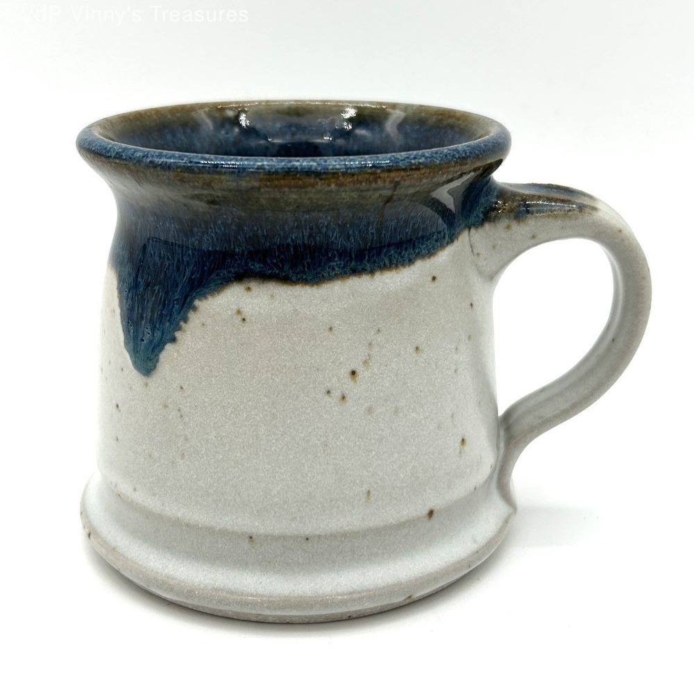 Leah Signed Studio Pottery Ceramic Mug Blue Drip Glaze Speckled Handmade 4"